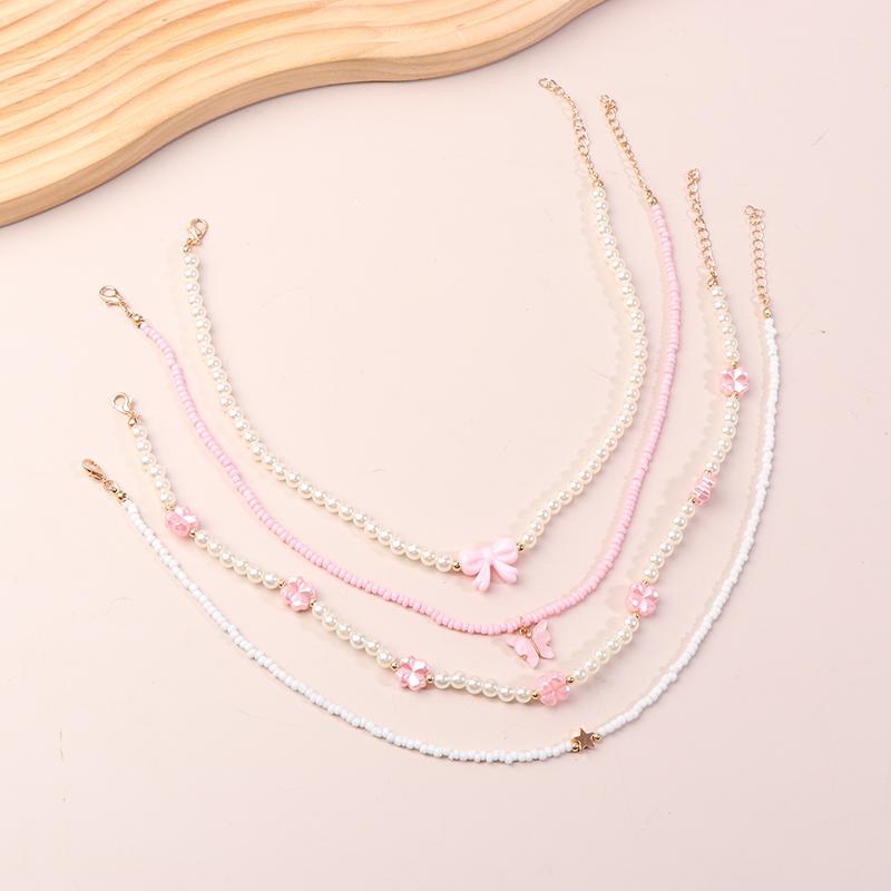 4Pcs/Set Jewelry Pink Love Butterfly Pendant Imitation Pearl Rice Beads Handmade Beaded Children Necklace Friend Gift