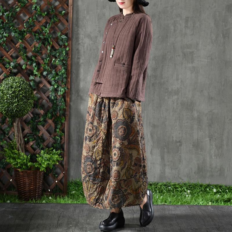 2023 Vinter Retro Konsttryck Kviltad Midikjol med Elastisk Midja