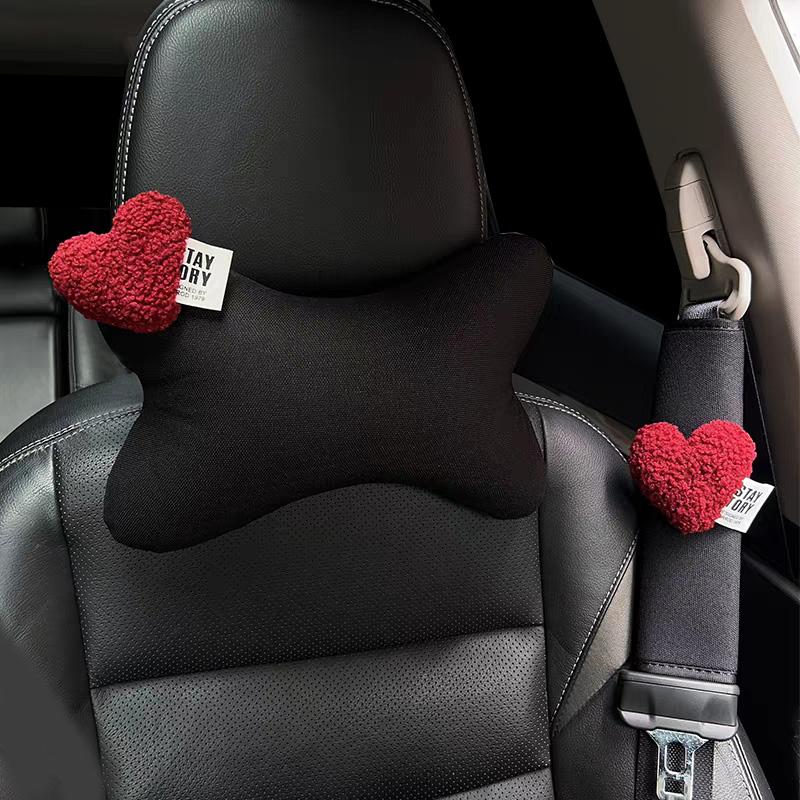 Cute Retro Red Heart Universal Car Neck Pillow Four Seasons Ice Silk Auto Seat Headrest Holder Waist Support Car Accessories