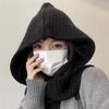 Autumn and winter dual-purpose hooded shawl hat scarf integrated women's two-piece set solid color warm scarf wool knitted hat