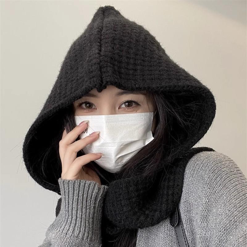 Autumn and winter dual-purpose hooded shawl hat scarf integrated women's two-piece set solid color warm scarf wool knitted hat