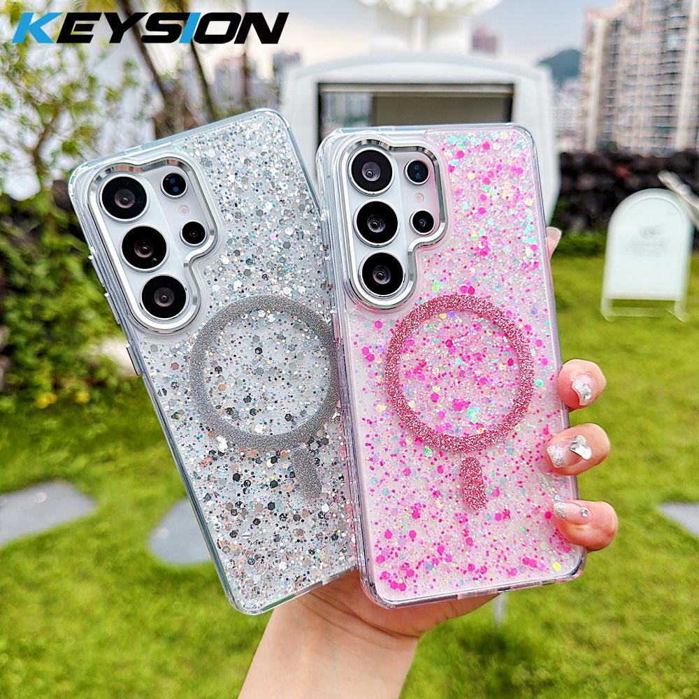 KEYSION Luxuxy Glitter Magnetic Phone Case for MagSafe for Samsung Galaxy S23 S24 S25 S26 Ultra 5G S26+ S25 Plus TPU+PC Shockproof Cover