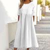 Spring and Summer Round Neck Casual Loose Solid Color Dress