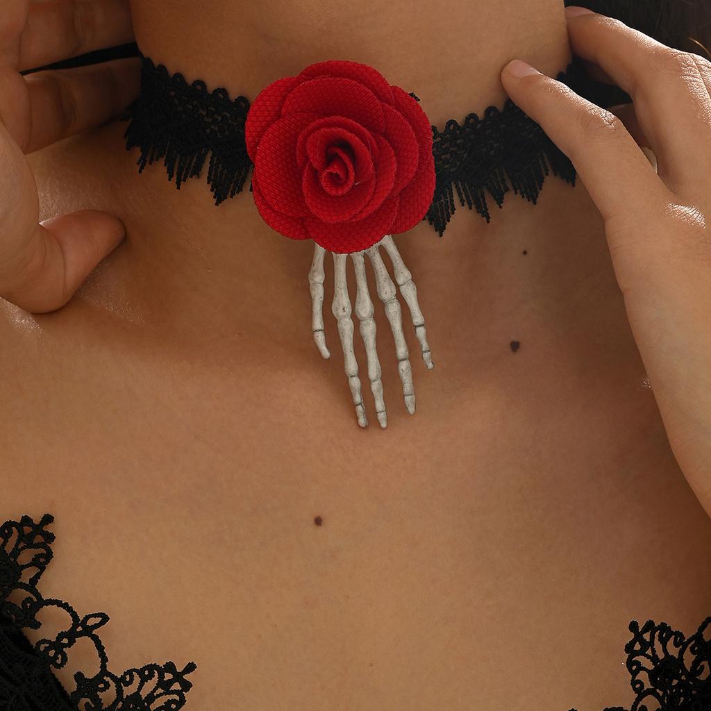 Red Rose Skull Hand Lace Choker, Halloween Gothic Retro Clavicle Neck Jewelry