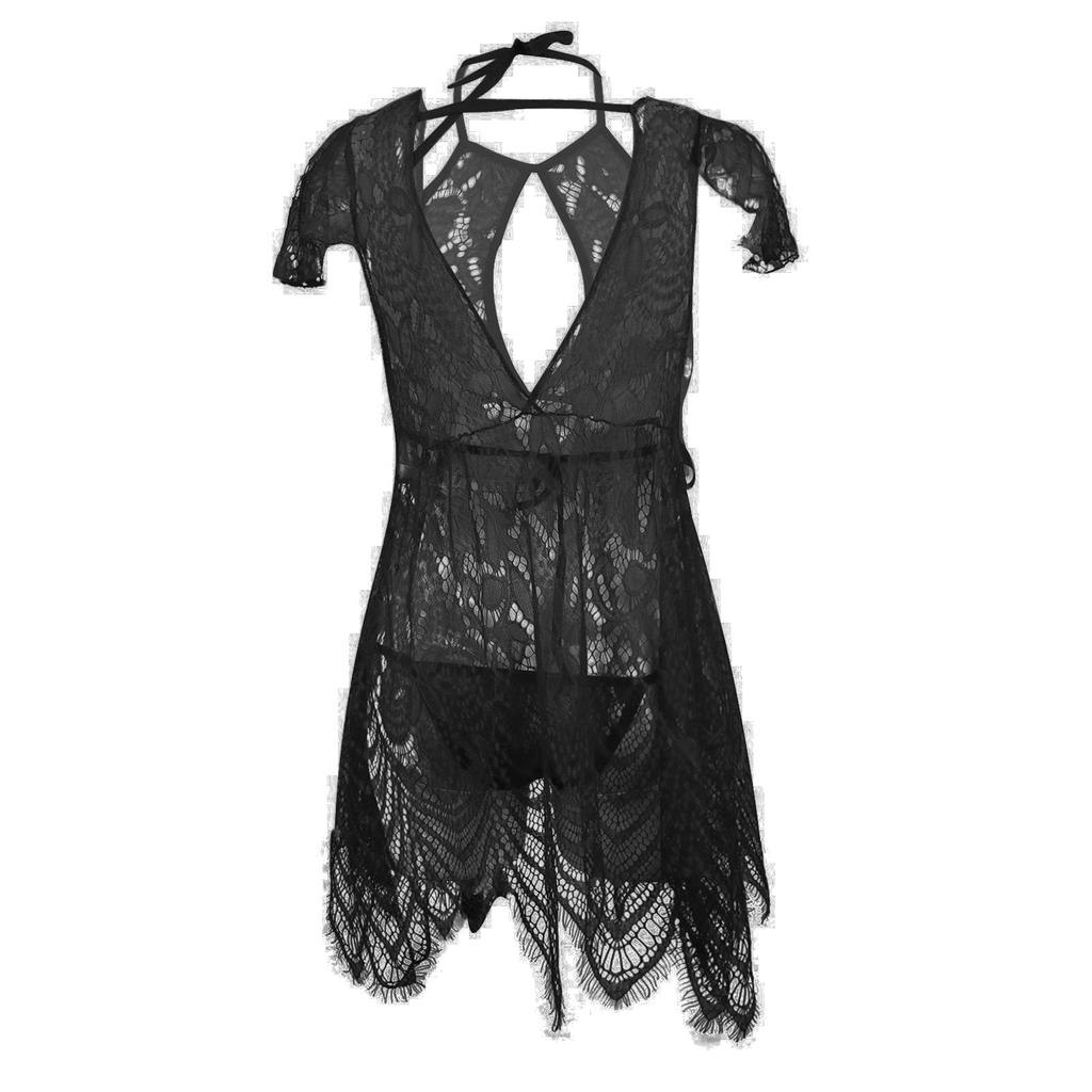 Women's Sexy Lace Backless Lace-up Lingerie Three-piece Set