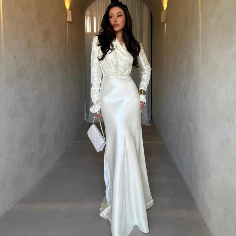 Elegant Long Sleeve Wrap Waist Pleated Solid Color Midi Dress Women 2026 XS