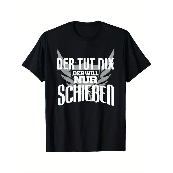 Men s Funny German Saying T-Shirt - He Does Nothing But Shoots (Der Tut Nix Will Nur Schießen) - Black with White Text & Bullet Casings Design - S чёрный