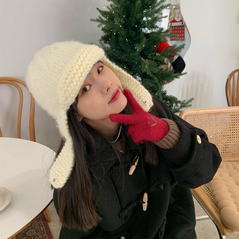 Korean Version of Knitted Flying Hat for Women Showing Their Faces Small Warm Ear Protection Wool Hats  Autumn and Winter Lei Feng Hat Trend