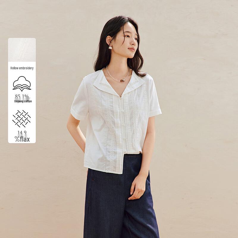 INMAN Women s Linen-Cotton Lace Splice Shirt L