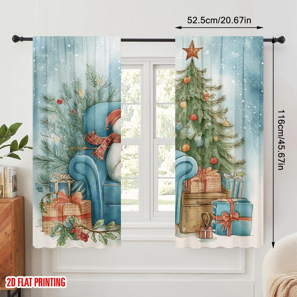 2pcs,2D Plane Printing Popular Curtains Snowman & Snowflake Polyester Easy Install (without Rod) Festive for Kitchen, Bedroom &