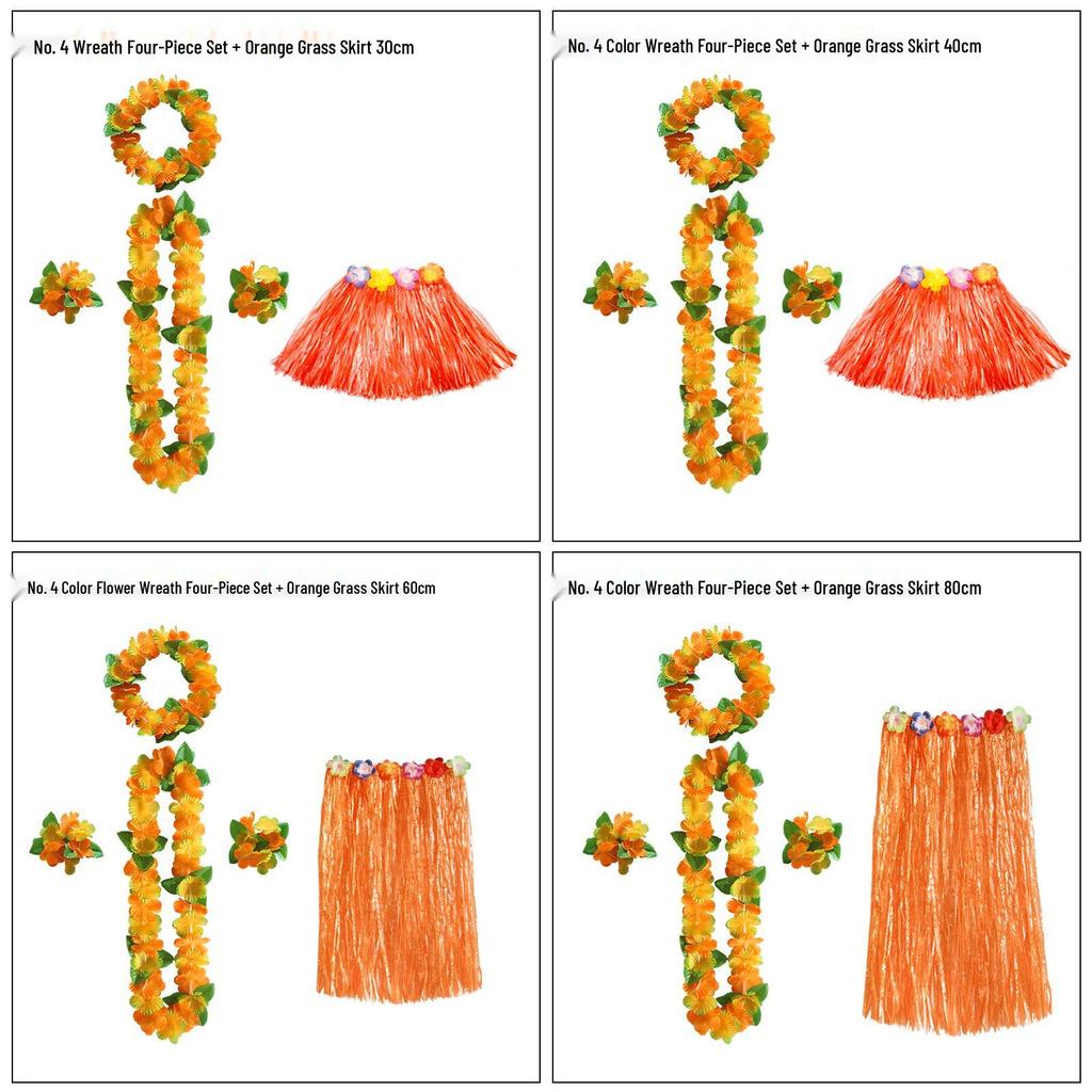 Kaifeng Summer Hawaiian Grass Skirt and Flower Garland Dance Party Set - 5 Pieces (30CM, 40CM, 60CM, 80CM)