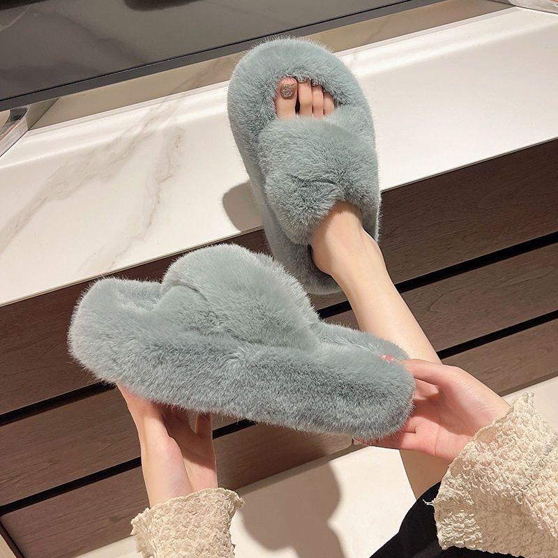New Autumn and Winter Fashion Versatile Home One-word Cotton Slippers Thick Bottom Heightening Fluffy Slippers Women's Wear