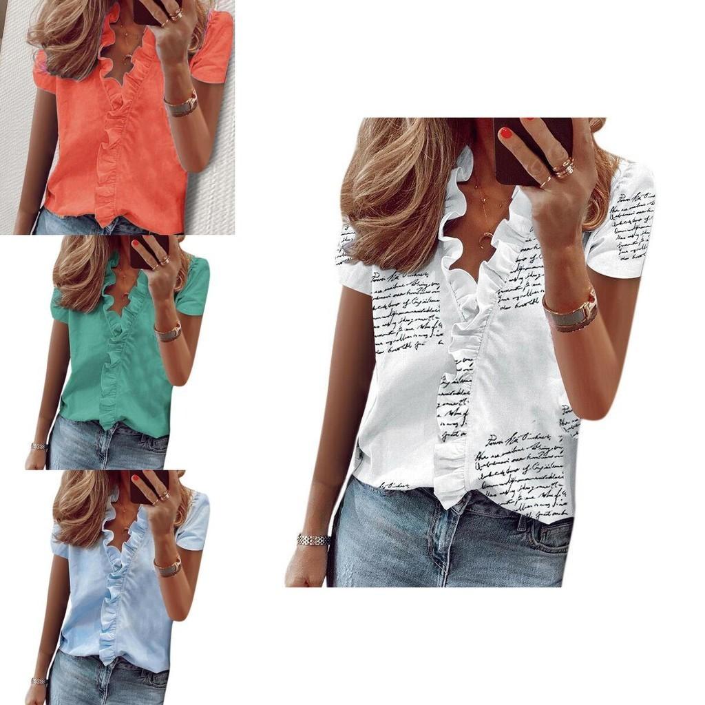 Stylowy Damski T-shirt z Dekoltem V, Falbanką i Krótkim Rękawem z Modnym Nadrukiem Stokrotek
