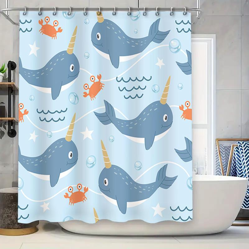

Whimsical Dolphin Unicorn Shower Curtain For Kids Bathrooms Blue Waterproof Fabric With Crab Bubble Print 180X240Cm 71 X 95, Whi W60H190(CM)-1 Pcs