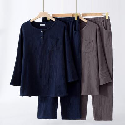 Herren-Pyjama-Anzug im neuen Stil für Frühling und Sommer, 100 % Baumwollkrepp, zwei Knöpfe, langärmelige Hose, zweiteiliger Freizeitanzug für zu Hause