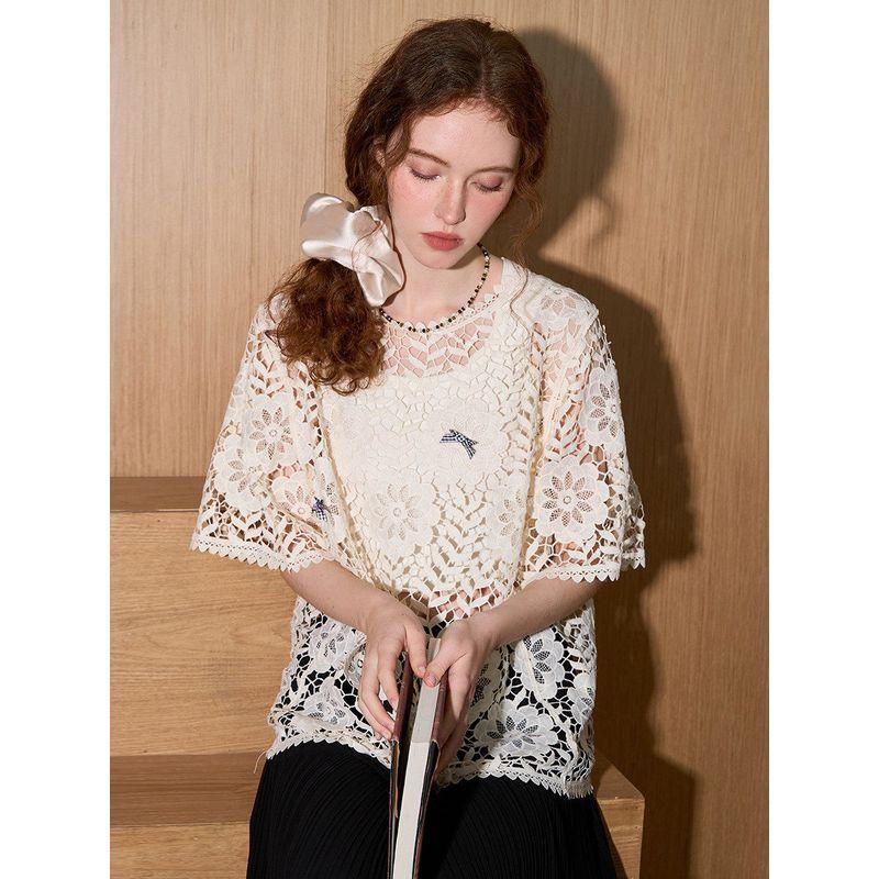 Coolhut Palace-Style Crochet Retro Hollow-Out Blouse Lace 2025 Summer Women's Knitted Short-Sleeve Layered Top