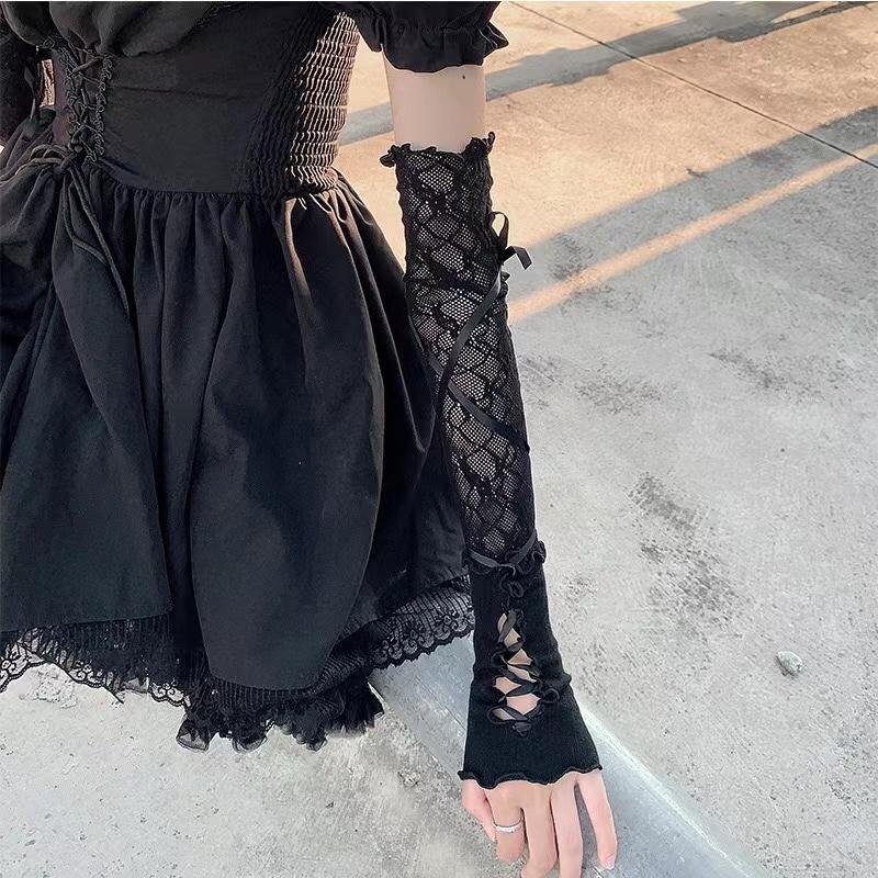Women Lolita Jk Lace Fingerless Gloves Black Gothic Strapping Sunscreen Sleeve Clothing Accessories Elastic Mesh Punk Gloves