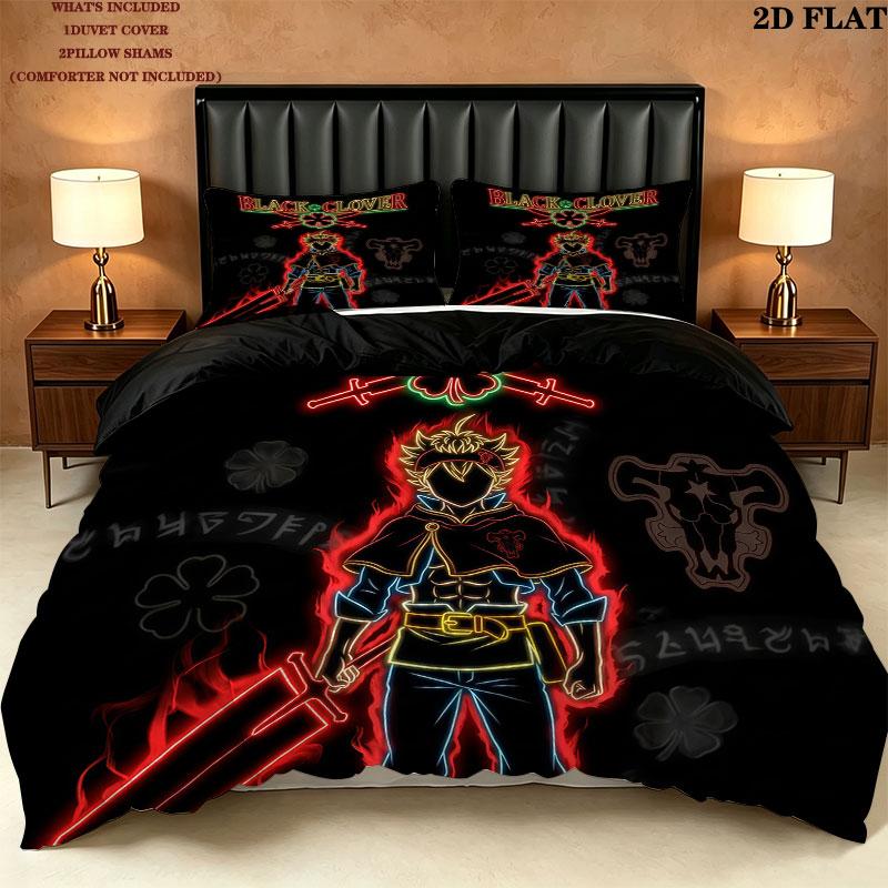 Black Clover Pattern Bedding Quilt Set Quilt Cover Pillowcase Home Birthday Gift(1 * duvet cover + 2 * pillowcase, without core)