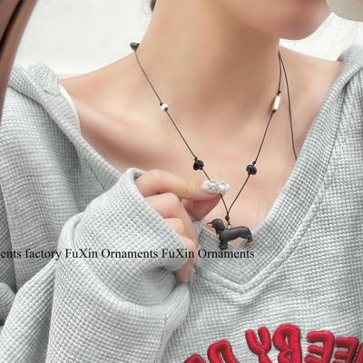 Three-Dimensional Dachshund Natural Stone Black Rope Necklace - Elegant, Versatile, Retro-Style Sweater Chain for Women.