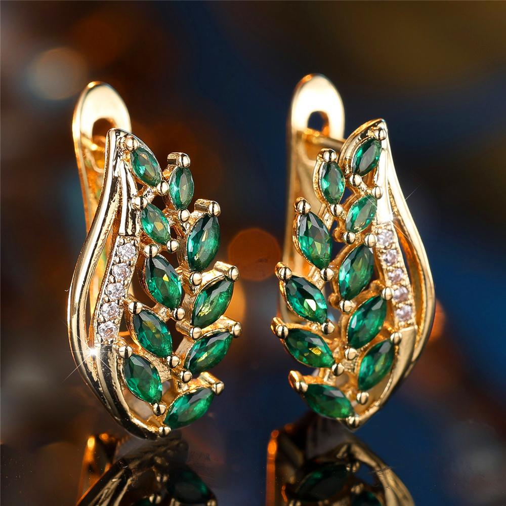 Cute Female Green Crystal Zircon Wheat Hoop Earrings For Women Silver Gold Color Wedding Jewelry