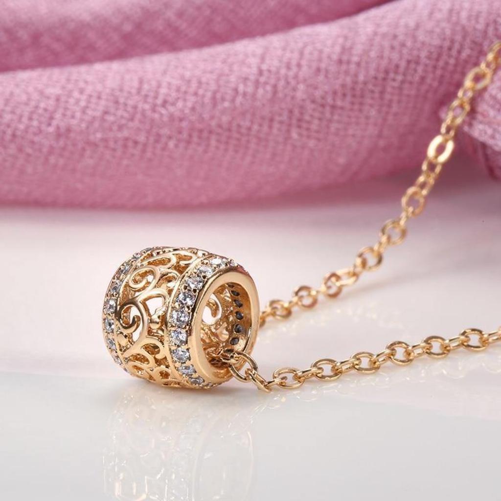 Women Rose Gold Tone Filigree Barrel Pendant Necklace with Sparkling Stone Bands Elegant Bohemian Style Jewelry