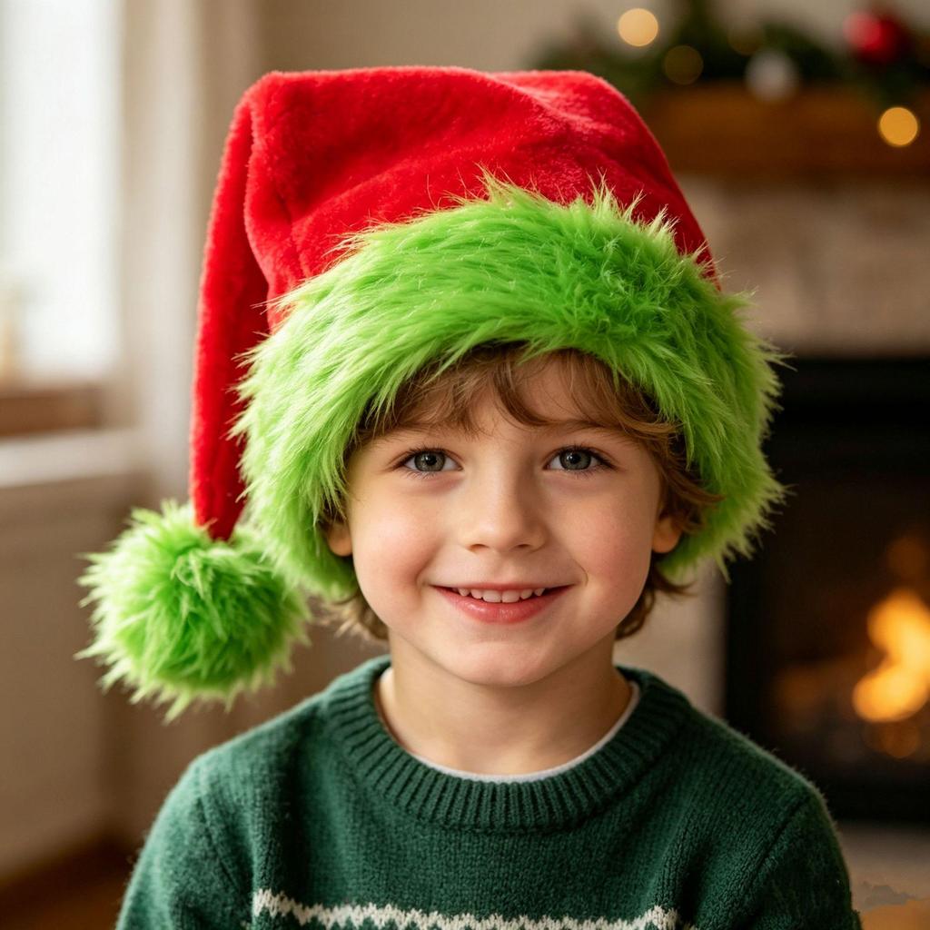 Festive Red & Green Plush Christmas Hat for Adults & Kids
