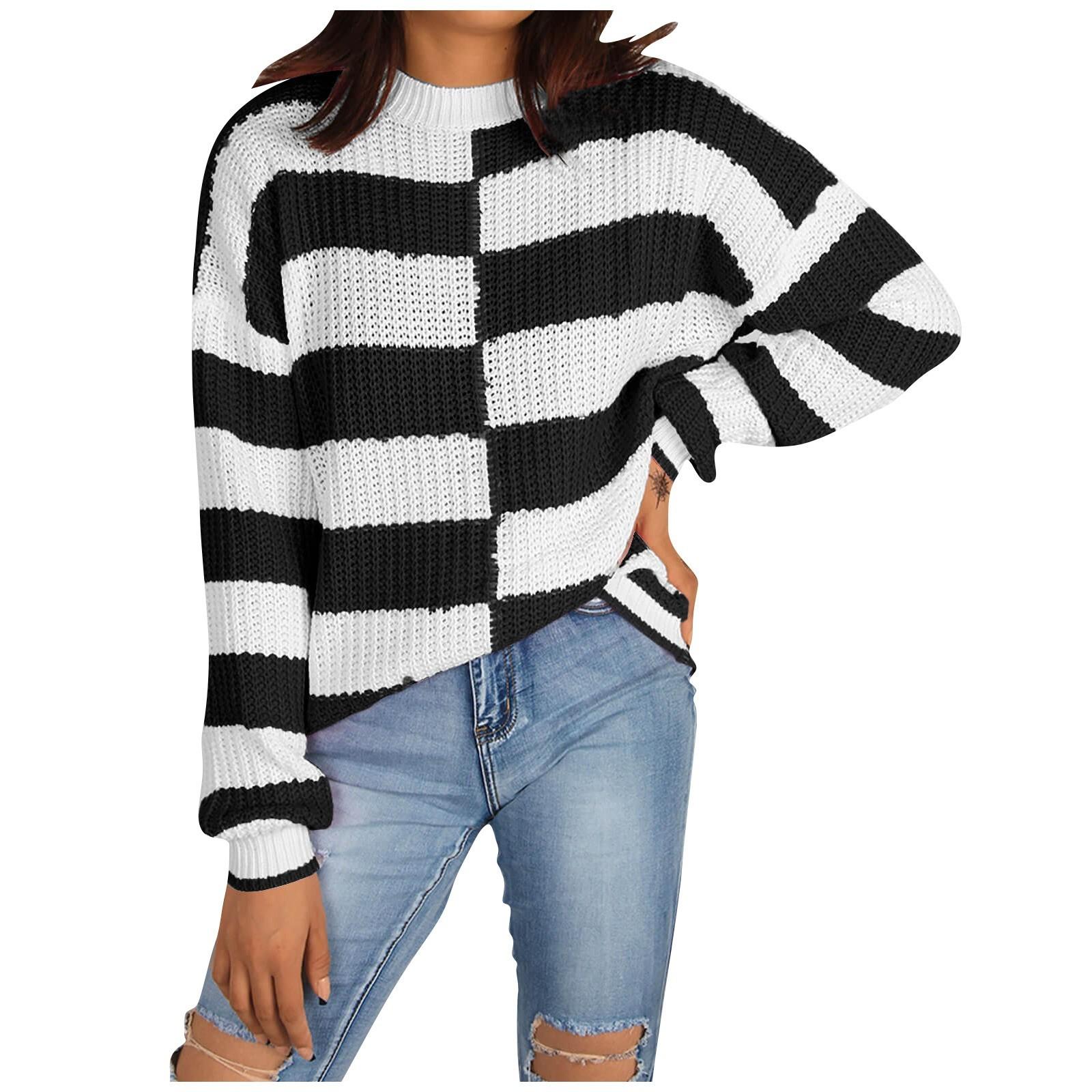 Женский круглый вырез асимметричного кроя свитер с контрастным цветом — фото 3