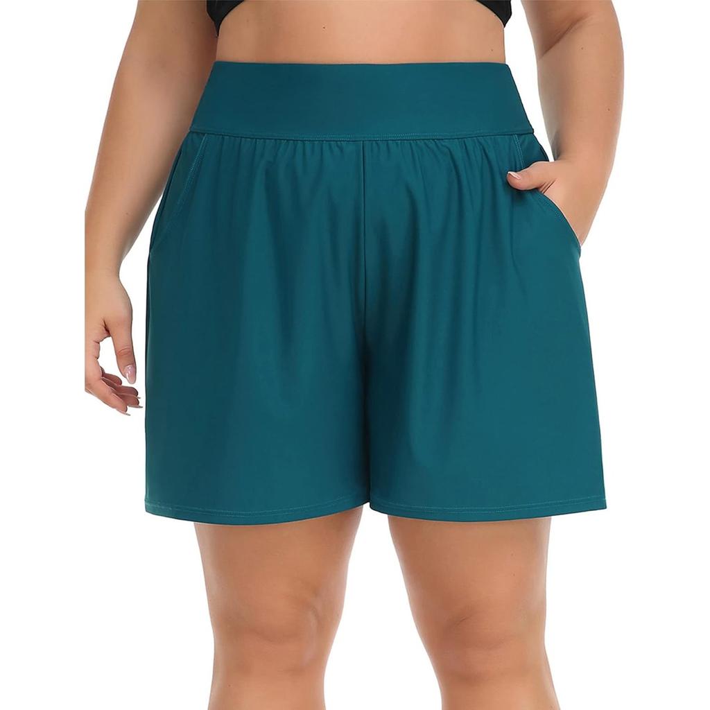CHARMLEAKS Plus Size Swim Shorts for Women High Waisted Board Shorts Tankini Swimsuit Bottom with Pockets
