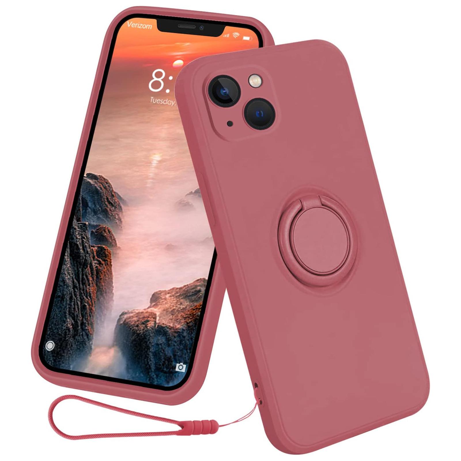 

For iPhone 15 Ring Kickstand Phone Case Liquid Silicone Shockproof Cover with Hand Strap Red