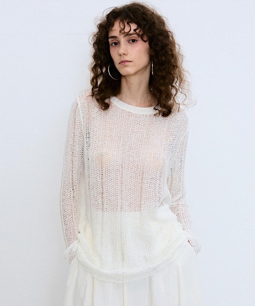 Nigaennikol Embroidery Net Pullover Knit Top_Ivory