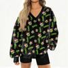 Women's Fashionable V-neck Christmas Printed Long Sleeved Casual Pullover Plush Warm Pocket Sweatshirt Top