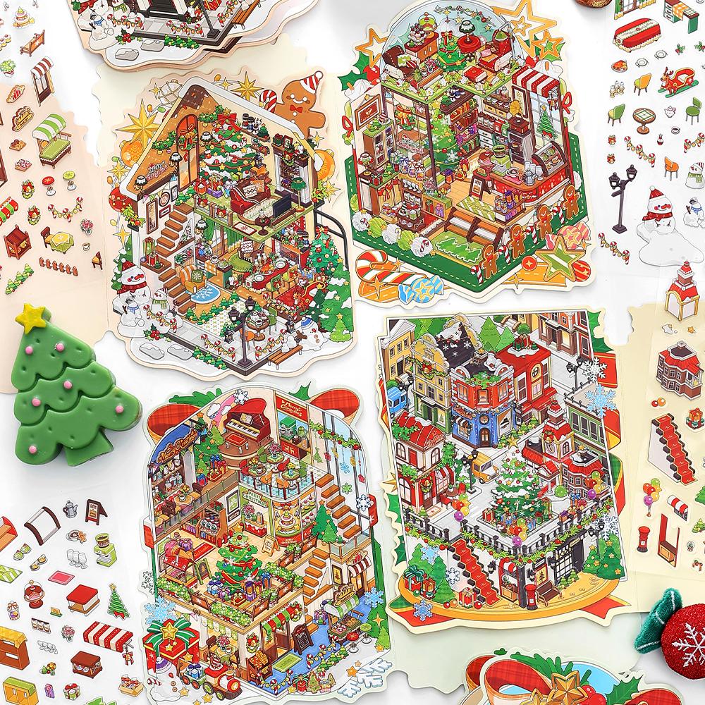 Kawaii 3D Cartoon Christmas House Series Miniature Scene Stickers DIY Handmade Stacked Scrapbook Stickers Holiday Gifts