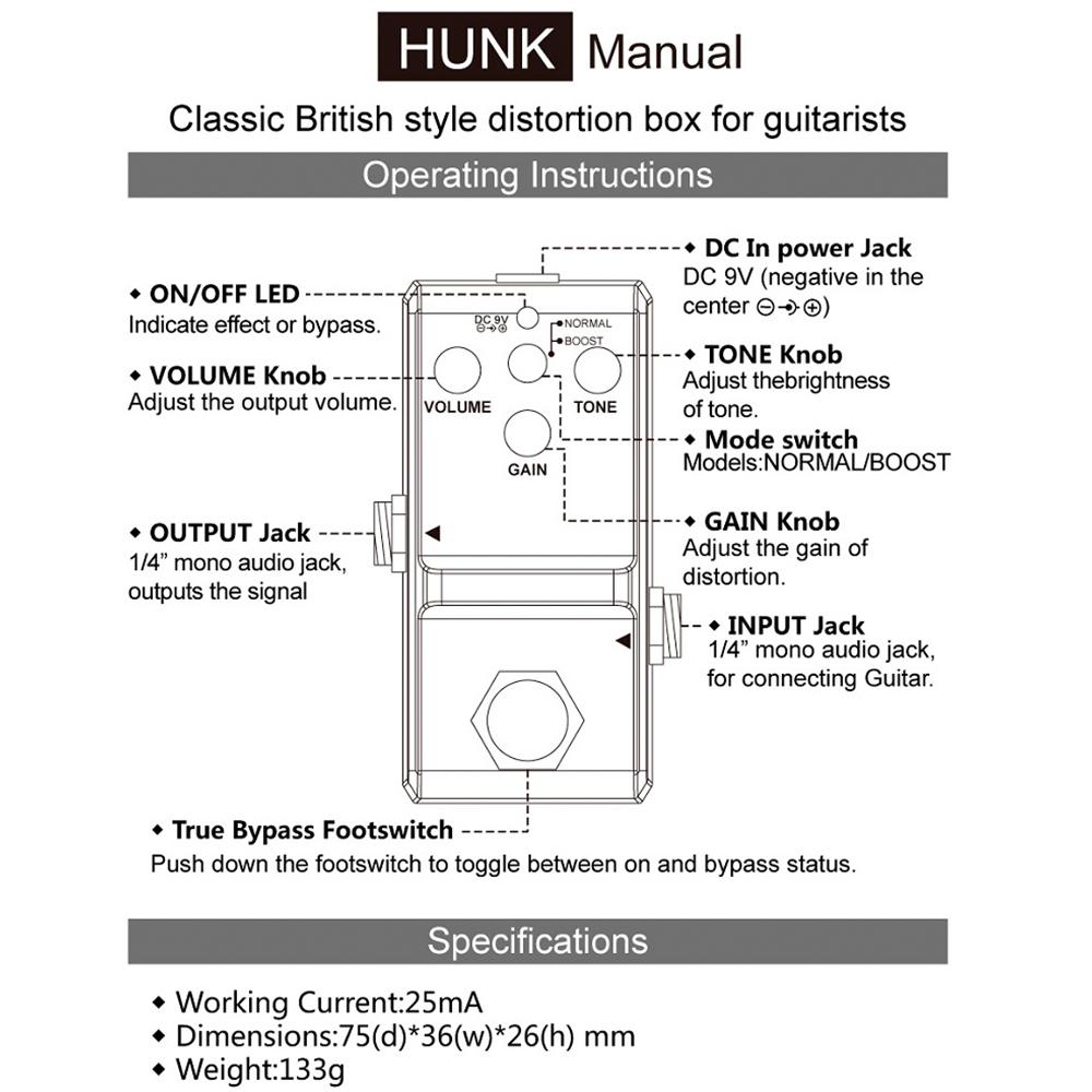 ROWIN HUNK Distortion Guitar Pedal Classic British Style Distortion Effect Pedal Guitar True Bypass Parts & Accessory