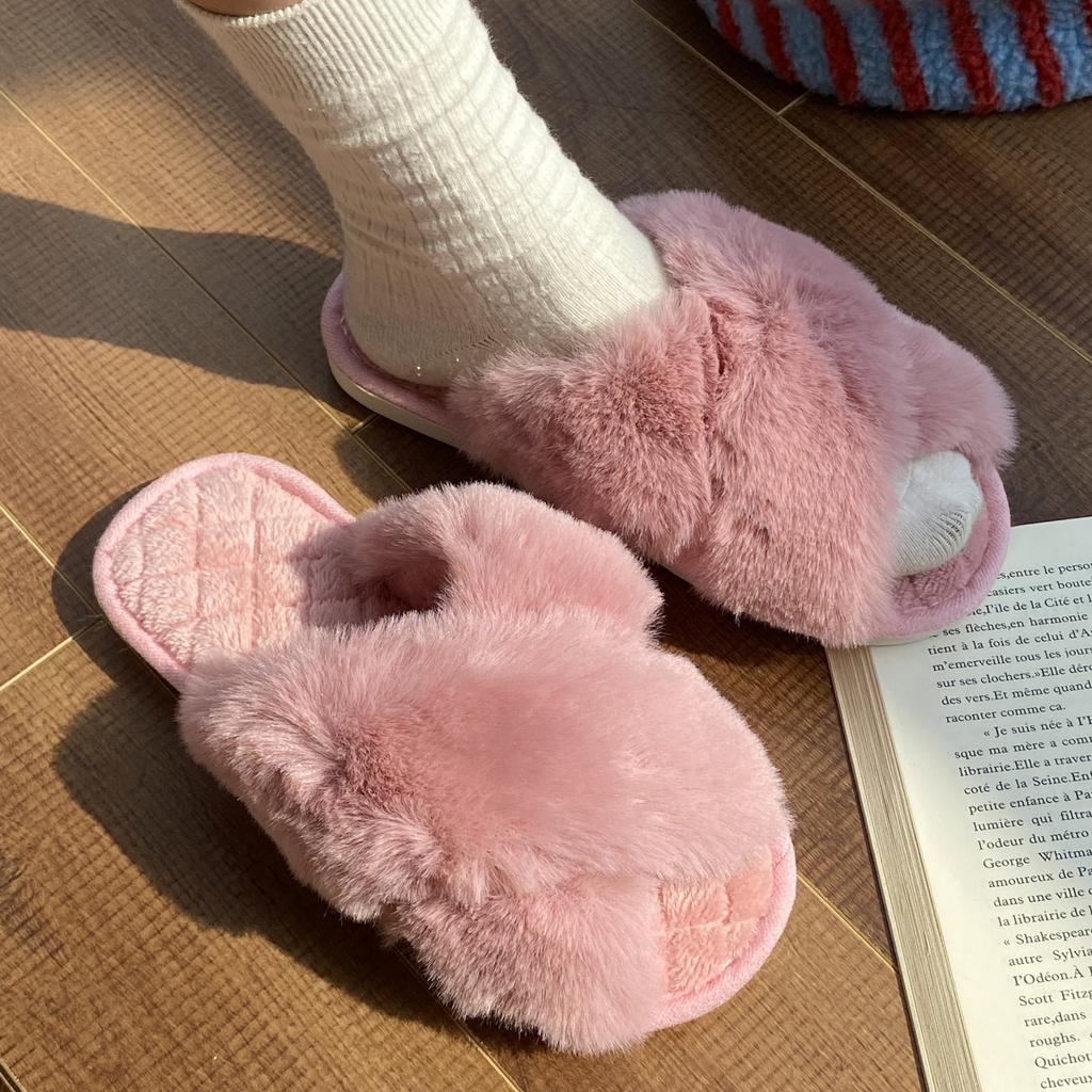 2024 Winter Damen Zuhause Indoor Freizeit Hausschuhe Damen Flip Flops Flauschige Schuhe Kreuzdesign Pantoletten Damen Weiche Warme Plüsch Hausschuhe