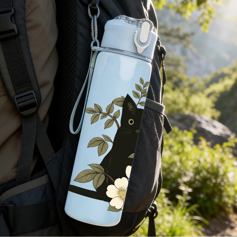 1PC Floral Black Cat Art 750ml Color Plastic Sports Water Bottle Leakproof Flip Straw Lid Suitable for Sports Office Home Use