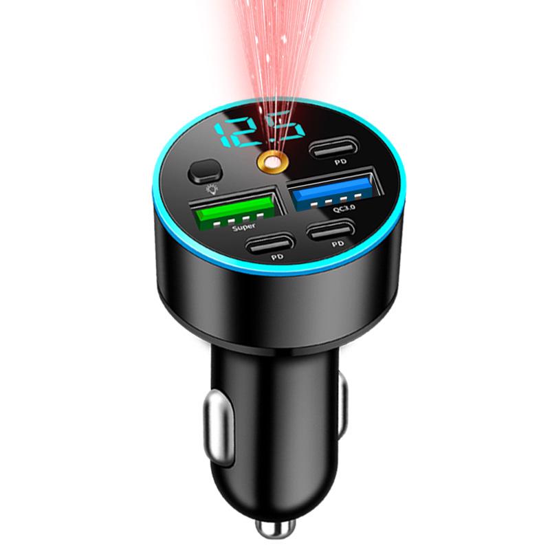 Caricabatterie per auto a ricarica rapida da 66 W con display digitale e 4 porte USB, compatibile PD, design Halo