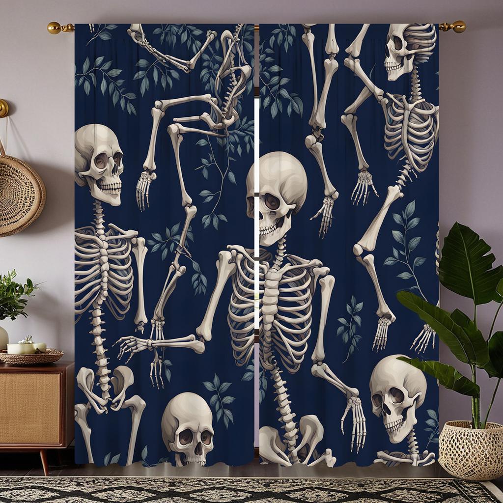 Set Of 2 Hd Halloween Skull Skeleton Green Leaf Curtain Black Tie Digital Printed Home Decor Style Decorate Living Ro Polyester
