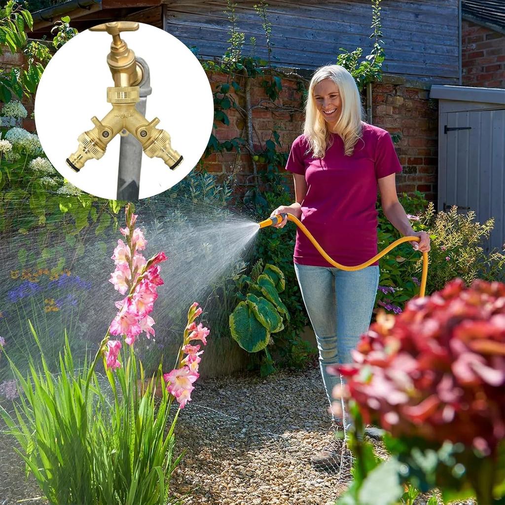 2 Way Brass Garden Tap Splitter, Double Way 3/4" Garden Hose Splitter Y Valve with Quick Individual On/Off Splitter Connector for Outdoor