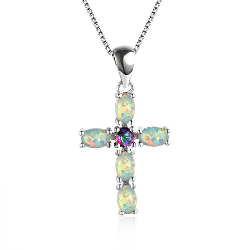 White Green Orange Opal Cross Pendant Birthstone Necklaces For Women Vintage Fashion 925 Silver Chain Red Blue Zircon Necklace