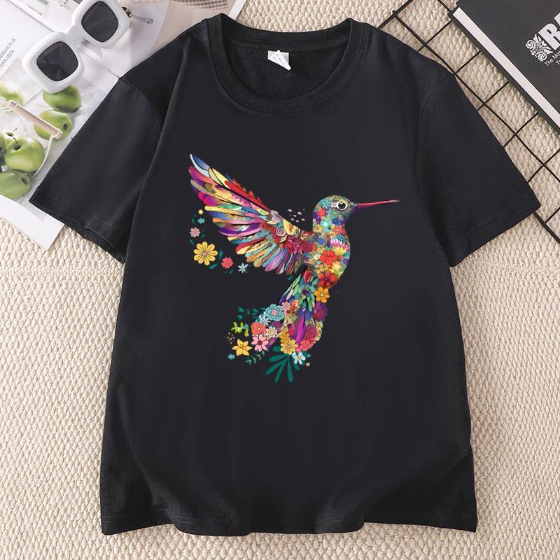 Floral Hummingbird TShirt Animal Lover Tee Bird T Shirts Trendy Short Sleeve T Shirts Unisex Ladies Summer Cotton Tshirts
