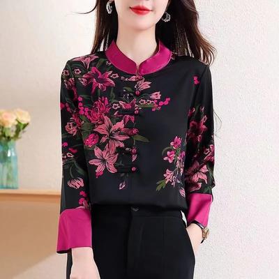 Camicia da donna stile cinese vintage a maniche lunghe in seta con patchwork, top piccolo ed elegante