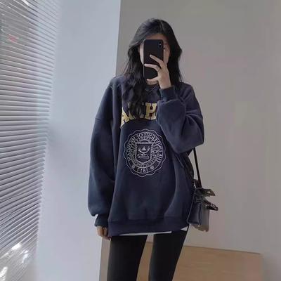 Women's Letter Print Warm Plush Pullover Hoodies Ladies Lazy Style Long Sleeve Loose Hooded for Autumn Winter