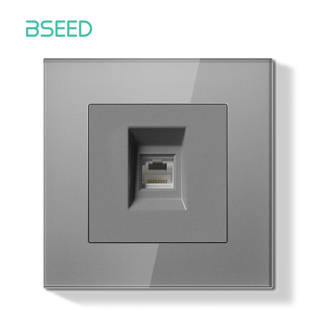 BSEED Dual Internet Sockets Single CAT6 Wall Socket EU Power Sockets Plus Network Data Computer Connecter Outlets Glass Panel