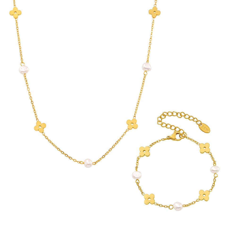 Sweet Flower Necklace Bracelet In Stainless Steel With Freshwater Pearl Neck Chains Choker Necklaces Bracelets Set For Women
