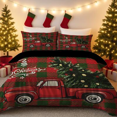 3pcs Checkered Christmas Coreless Duvet Set with Multiple Sizes for Bedrooms Dormitories, Soft and Comfortable, Machine Washable