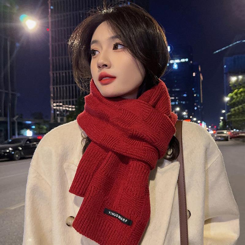 New Christmas gift red knitted solid color scarf women's winter warm plaid versatile wool scarf
