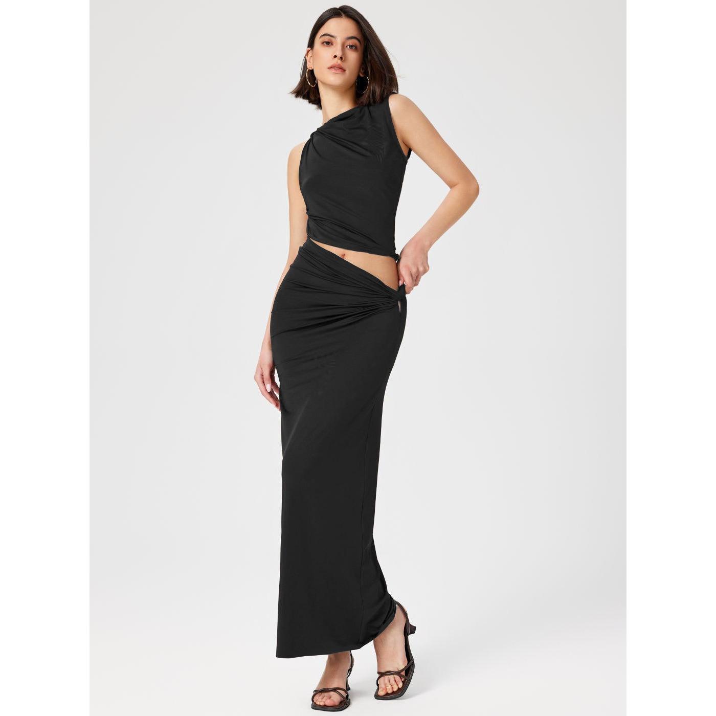

women s Solid Sleeveless Ruched Crop Top Twist Cutout Maxi Skirt 2 Piece Bodycon Skirt Set 2XL