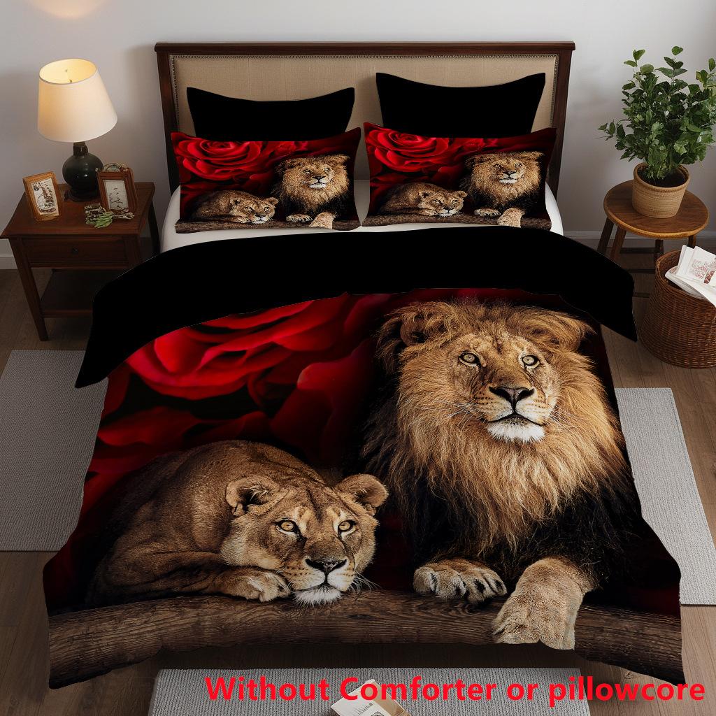 Thickened Polished Skin-Friendly Lion Digital Printing 3D Three-Piece Quilt Cover