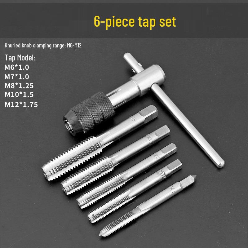 High-Speed Steel Taps & Dies Set: 5, 6, 7, 9-Piece with Tap Wrench and Threading Drill Bits.