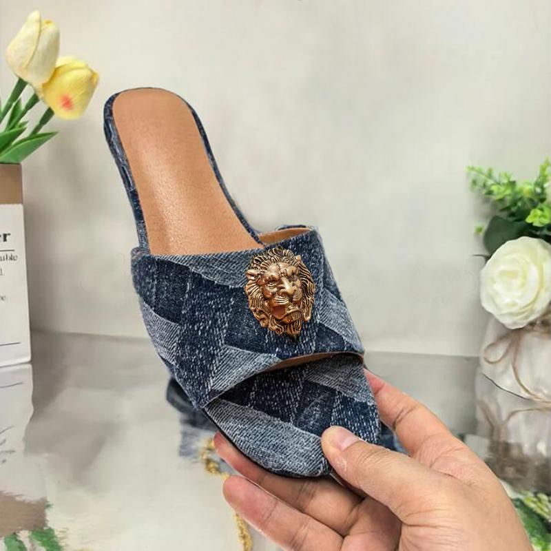New Denim Lion Head Women's Flat Slippers, Denim Bag, Low-heeled Women's Fashionable Slippers and Bag Set